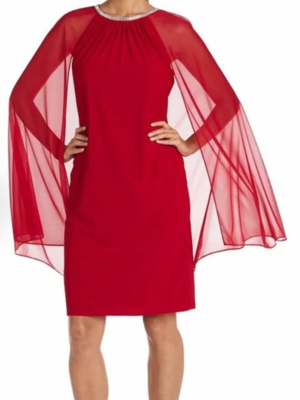 Shift Tulle Cape Short Evening Dress 2496| Red| Size 14